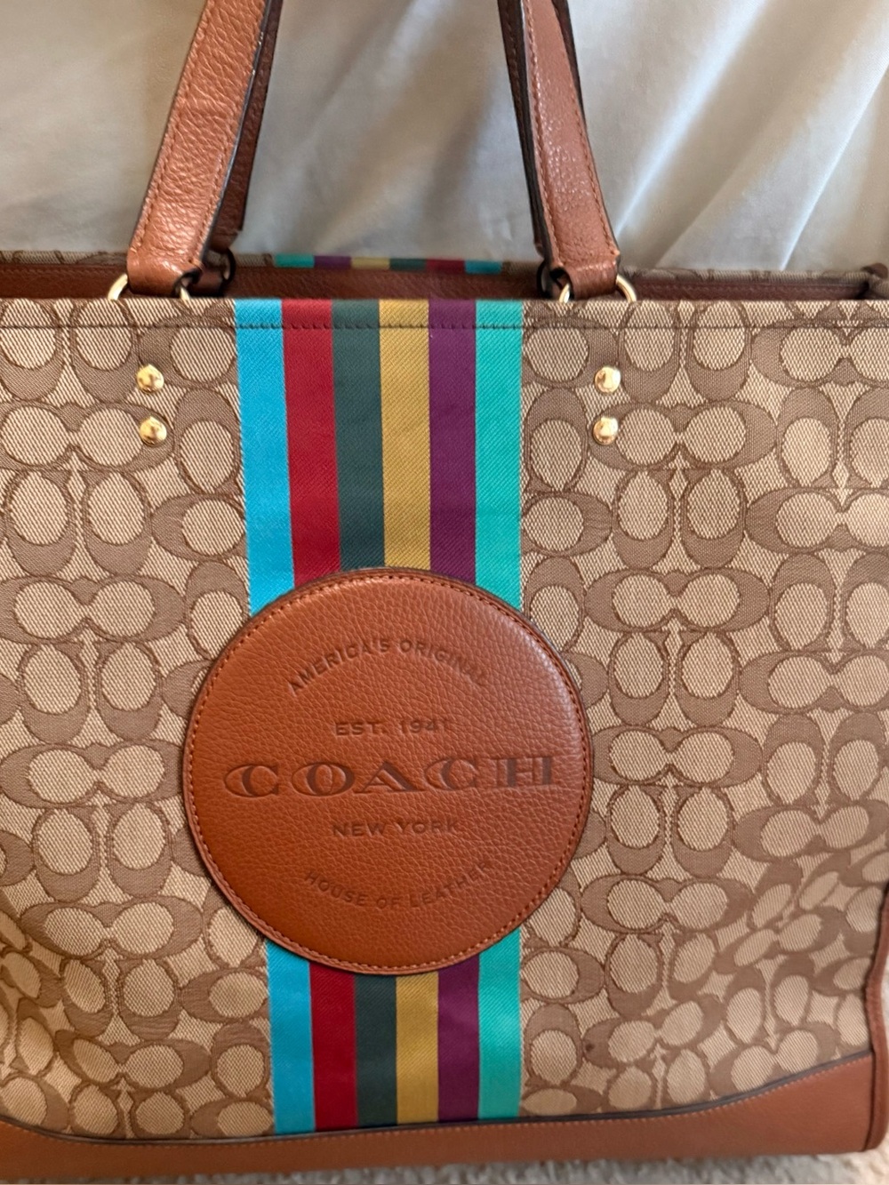 Coach Tan Signature Canvas Tote with Multicolor Vertical Stripe